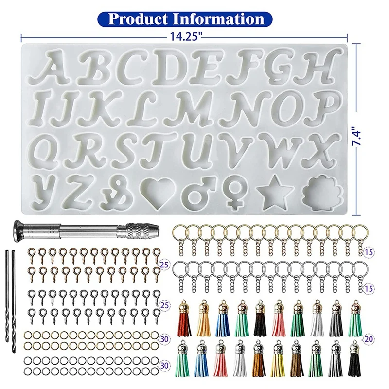 Kit de molde de resina de letra inversa, molde de silicona para resina DIY, juego de fabricación de llaveros de resina epoxi decorativa