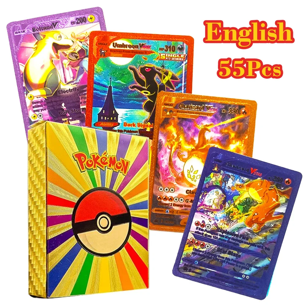 55Pcs Pokemon Colorful Rainbow Gold Silver Black English Cards Anime Pikachu Charizard Battle Game Collection Card Kids Toy Gift