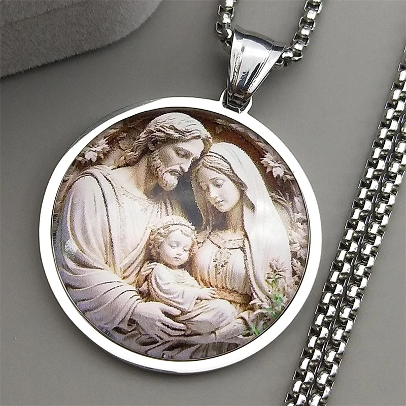 مريم العذراء سانت جوزيف بيبي يسوع الزجاج قلادة مستديرة قلادة للنساء الرجال الفولاذ المقاوم للصدأ الذهب اللون مجوهرات تميمة المسيحية #1