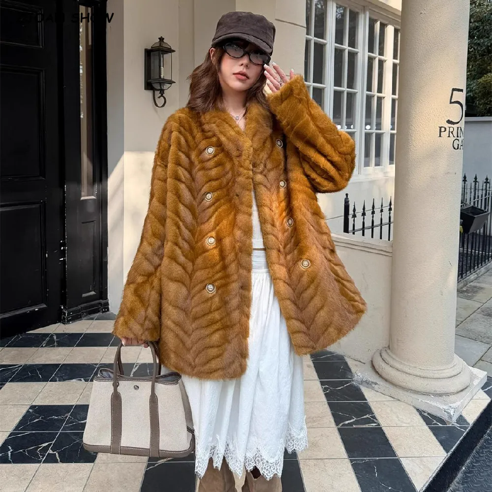 New Winter Embossing Wave Line Pattern Faux Mink Fur Coat CHIC Women Double-breasted Buttons Long Sleeve Midi Outerwear Warm