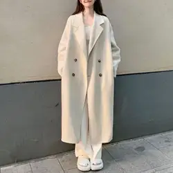 Women Loose Jacket Double-breasted Mid Length Trench Coat for Women Windproof Warm Overcoat with Lapel Pockets Fall Winter