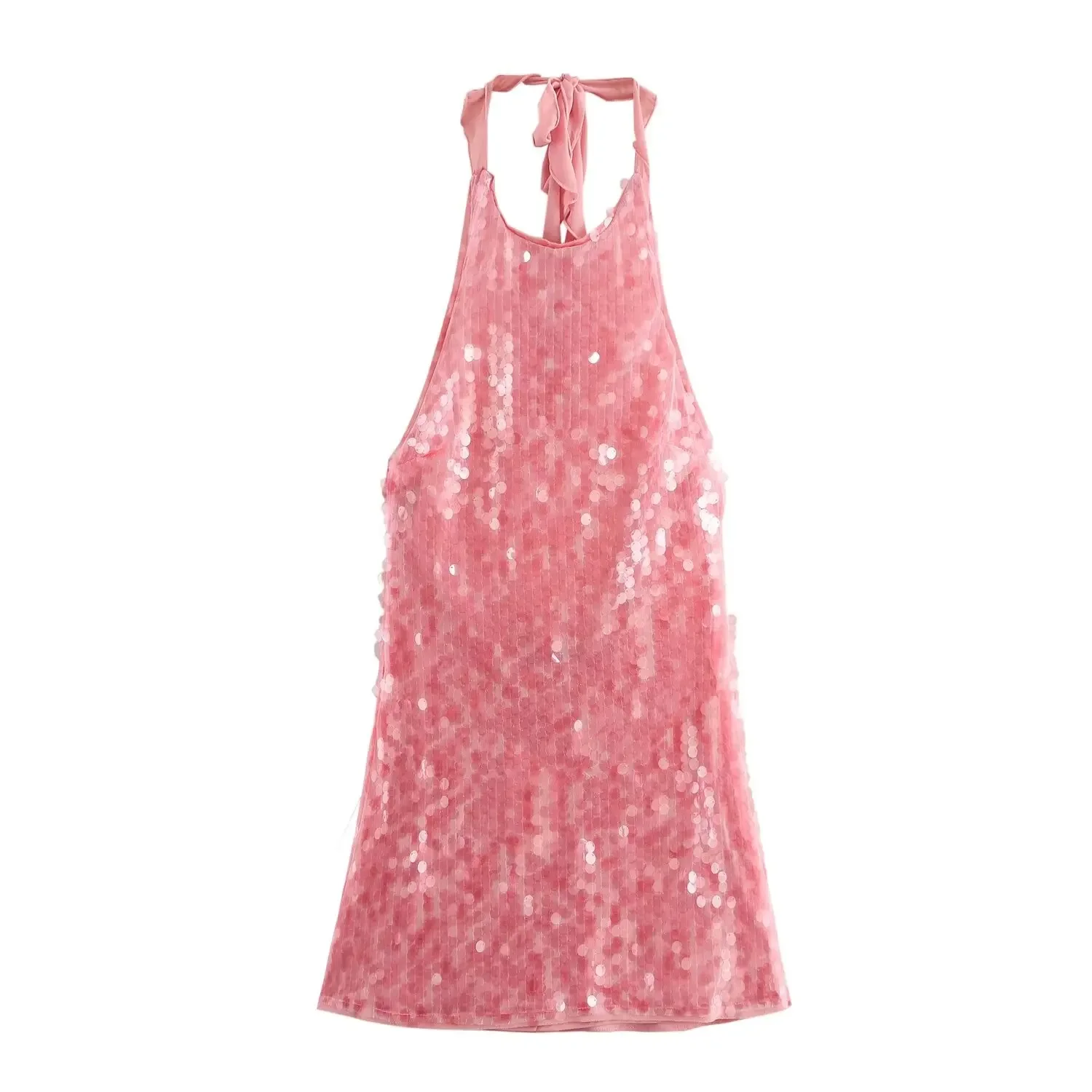 Nuevo Mini vestidos rosas de lentejuelas para mujer, vestido Sexy con espalda descubierta y cuello Halter, vestidos de noche de lujo para mujer, vestido de malla semitransparente