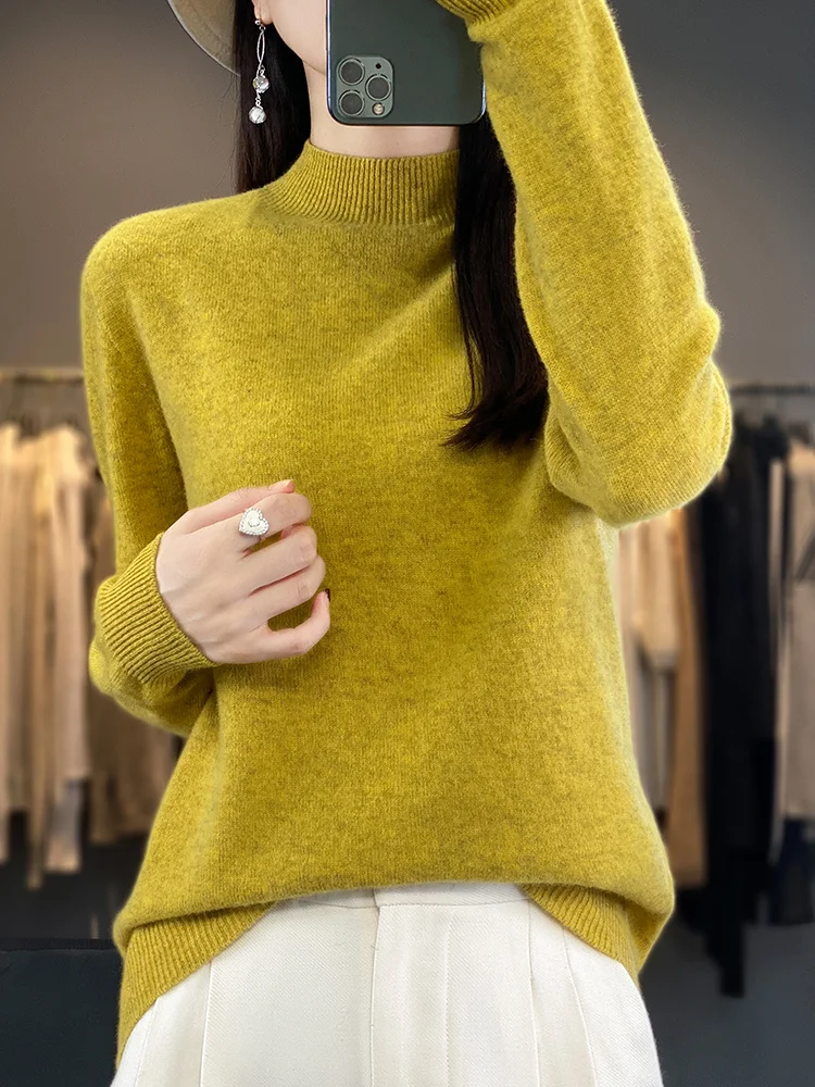 Fashion 100% Merino Wool Sweater Solid Color Mock Neck  Cashmere Pullover Basic Autumn Winter Soft Long Sleeve Clothing Tops