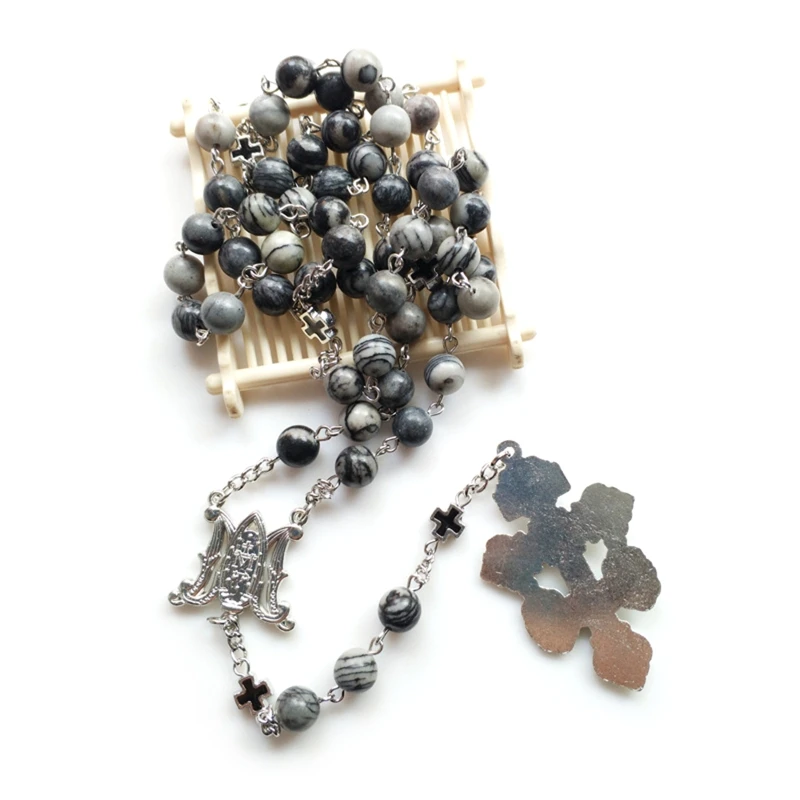 قلادة من خرز الحجر الأسود مسبحة مع صليب يسوع لقلادات قلادة متقاطعة هدايا الصلاة الدينية للرجال والنساء #5