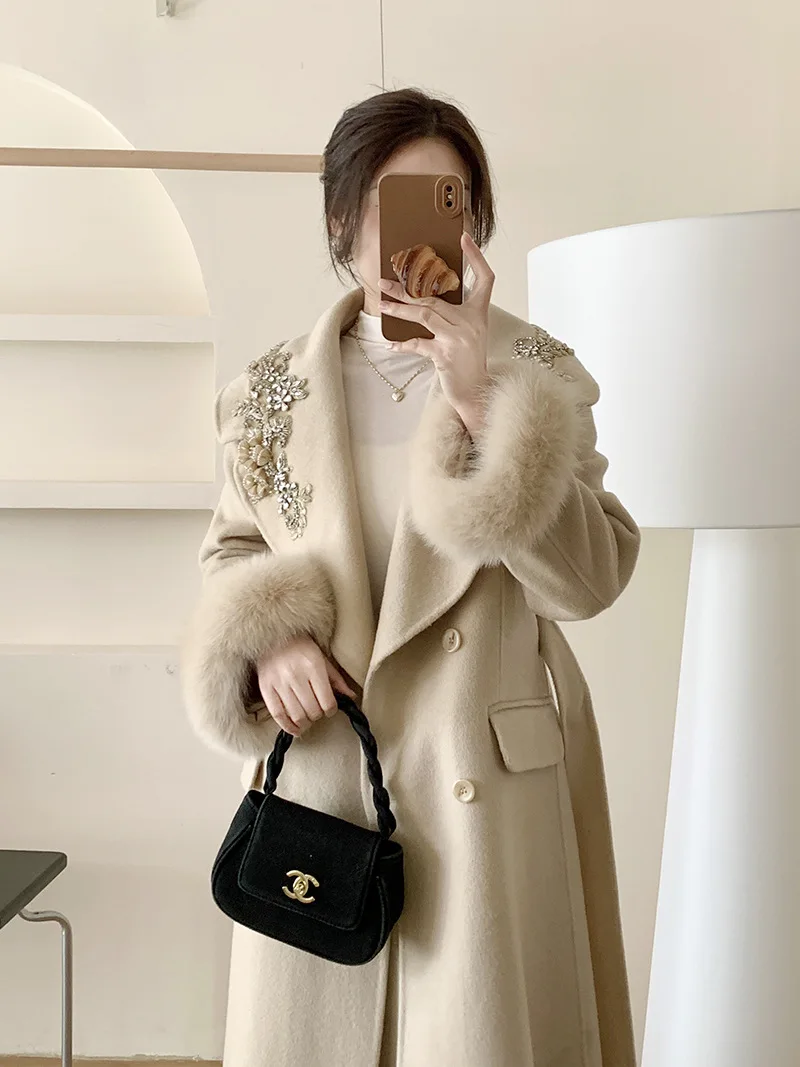 Hot-selling fox fur high-end bead embroidery rich daughter extra long double-sided wool coat temperament woolen coat for women