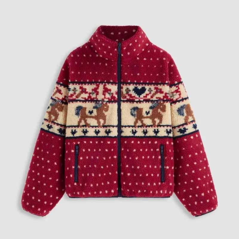 크리스마스 무스 프린트 여성용 면 재킷 가을 겨울 신상 캐주얼 지퍼 포켓 긴팔 따뜻한 코트 여성용 2025