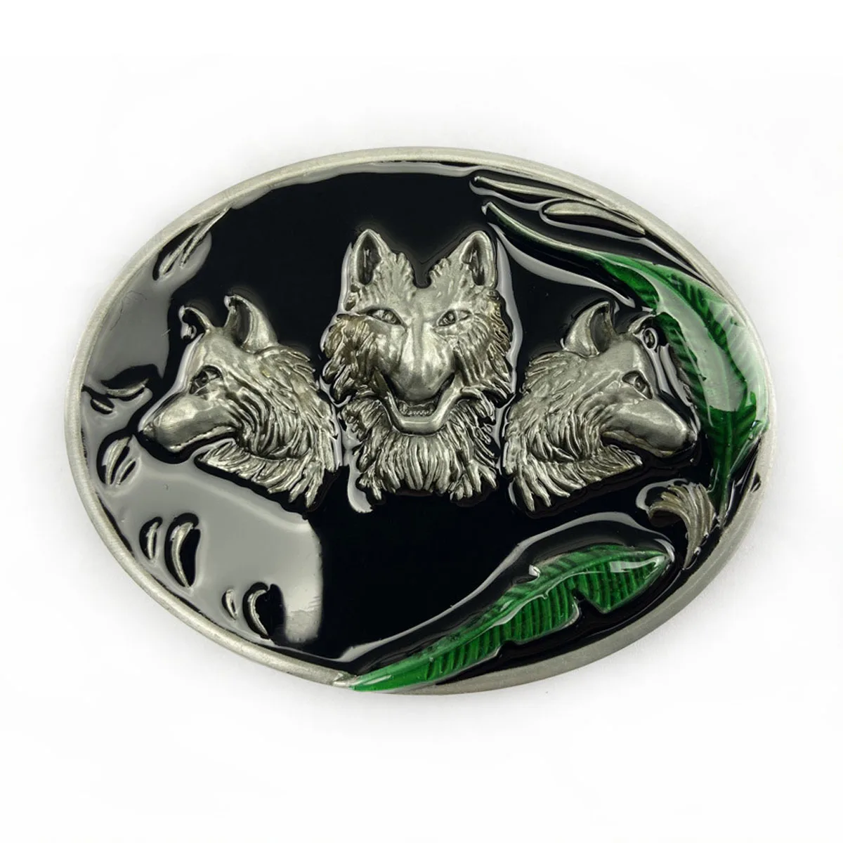 Retro Black Buckle for Belts Three Wolf Heads Western Cowboy Belt Buckle with Green Leaves Dropshipping