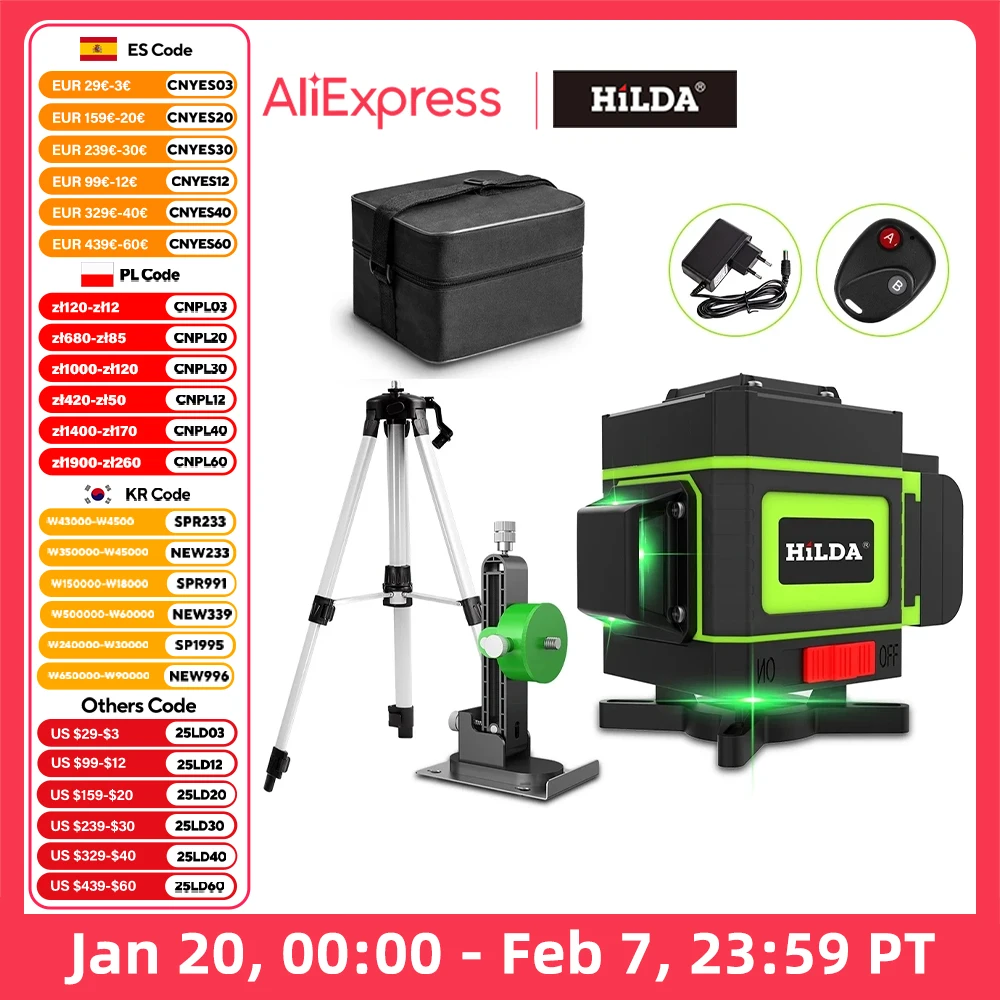 

HILDA Laser Level 12 Lines 3D Self-Leveling 360 Horizontal And Vertical Cross Super Powerful Green Laser Beam Line