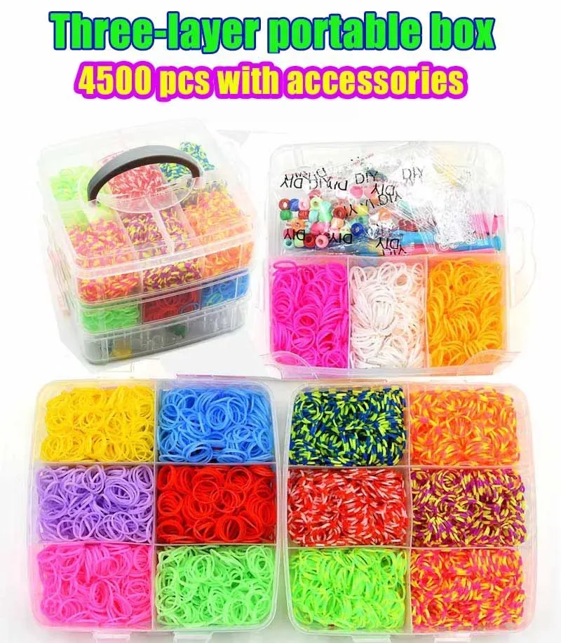 15000/4500Pcs Kit Box+ Rubber Loom Bands Children Mult-color Make Woven Bracelet Rainbow Rubber Bands for Bracelets
