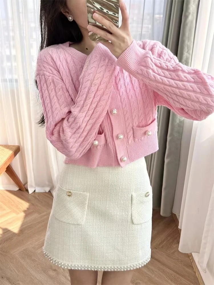 French ribbed 2024 early spring gentle wind thread pearl button round neck slim knit cardigan sweater jacket for women