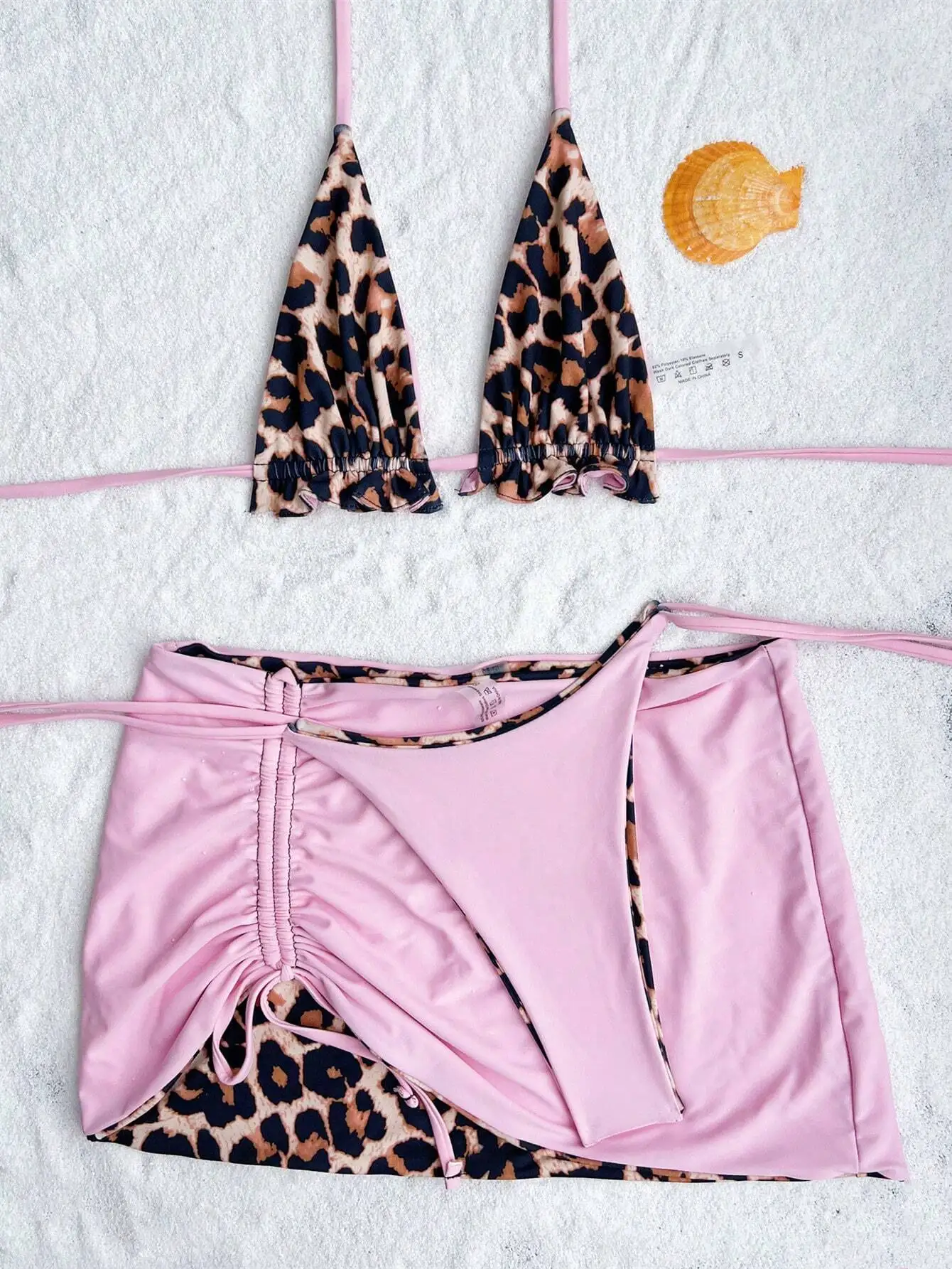 

Pink And Leopard Print Reversible Two Piece Swimsuit Set With Adjustable Ties For Summer