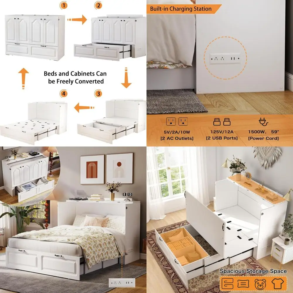 

Murphy Bed ull Size: White Hideaway Bed Cabinet with Ders and Charging Station, ern 2 in 1 Home Cabinet Beds, Wood Murphy Beds o