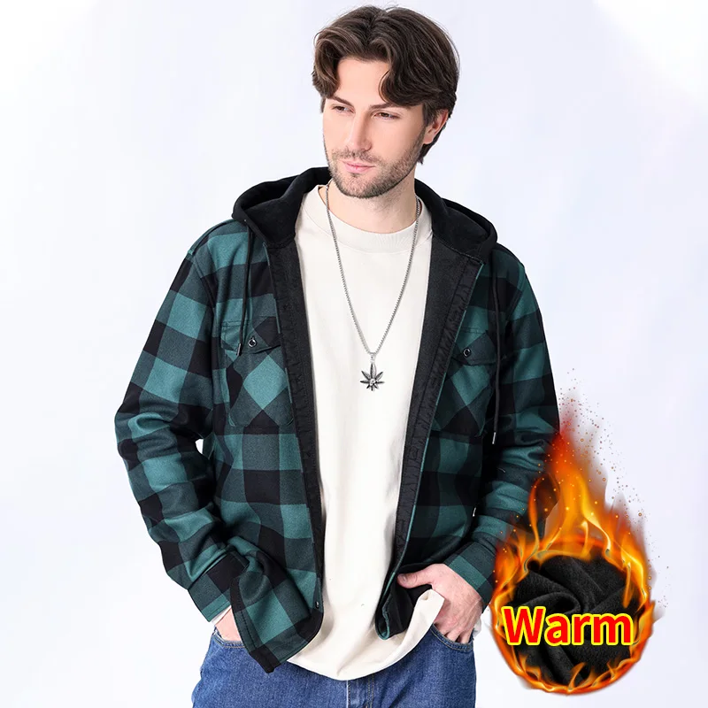 Autumn and winter fleece hooded plaid coat loose extra thick casual large size men\'s long-sleeved shirt warm American size