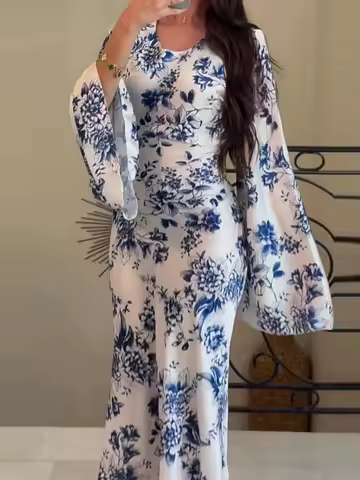 Vintage Floral Printed O-neck Bodycon Dress Temperament Long Sleeve Lady Commute Dress Elegant High Waist Pleated Evening Dress