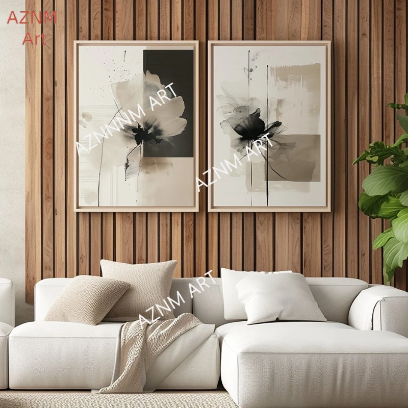 1/2Pcs Minimalist Flower Art Print Set: Beige & Black Botanical Gallery Wall Art Prints Wall Art