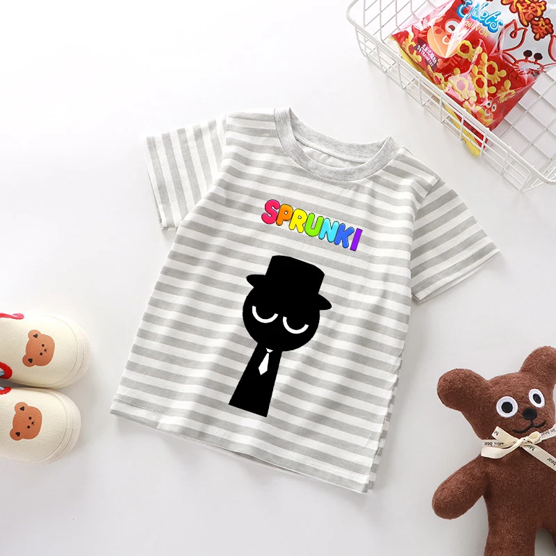 Sprunki Striped Short Sleeved Shirt Cartoon T-shirt Cute Short Sleeves Fashion Tees Round Neck T Shirt Summer Clothes Gift New