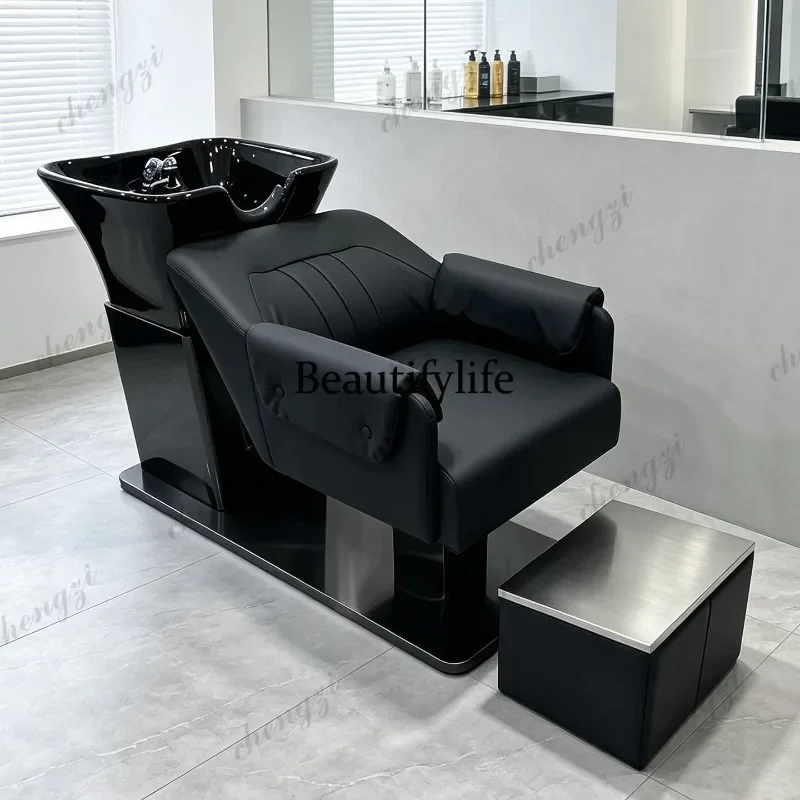 D80 Stainless steel shampoo bed hairdresser ceramic basin punch bed hair salon semi-lying flush bed