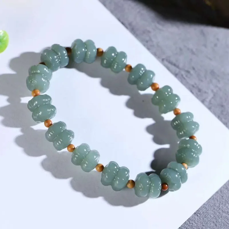Natural Hetian Qie Mo Blue Old Material Green And White Jade Double Bracelet