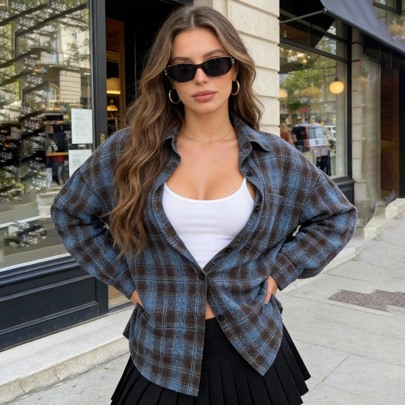 

Women's Spring Autumn Plaid Print Tops Long Sleeve Turn Down Collar Casual Button Up Shirt with Pocket