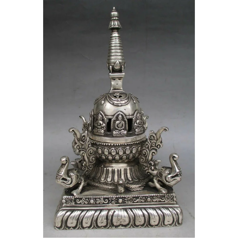 

9" Old Tibet Tibetan Silver Buddha Statue The Pagoda Statue of Elephant Tower