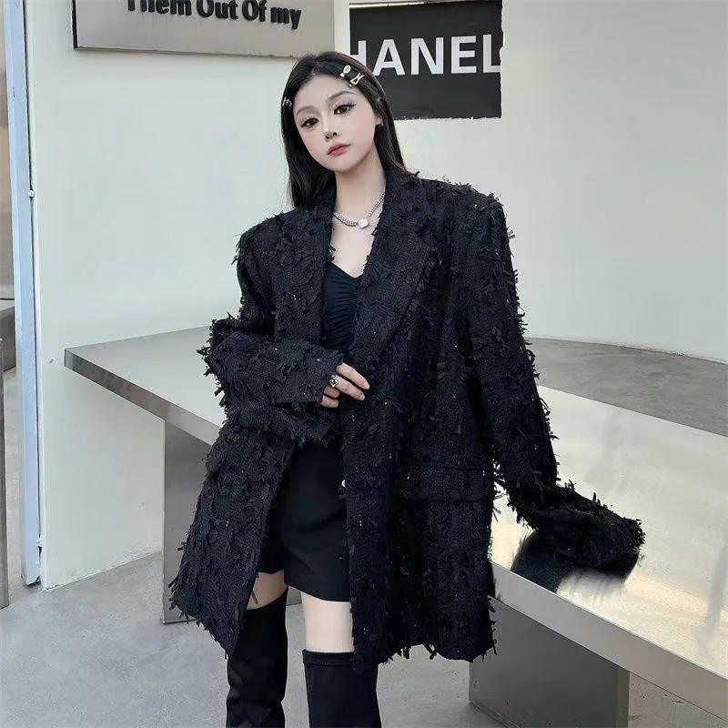 

Fall/Winter Street Style Woven Black Suit Jacket Loose Casual Suit with Fringe for Men and Women