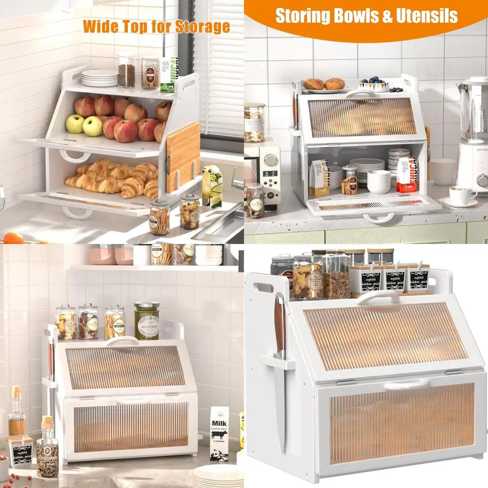 

Double Layer Acrylic Window Wooden Bread Box Organizer, Large Storage Container for Homemade Bread, White