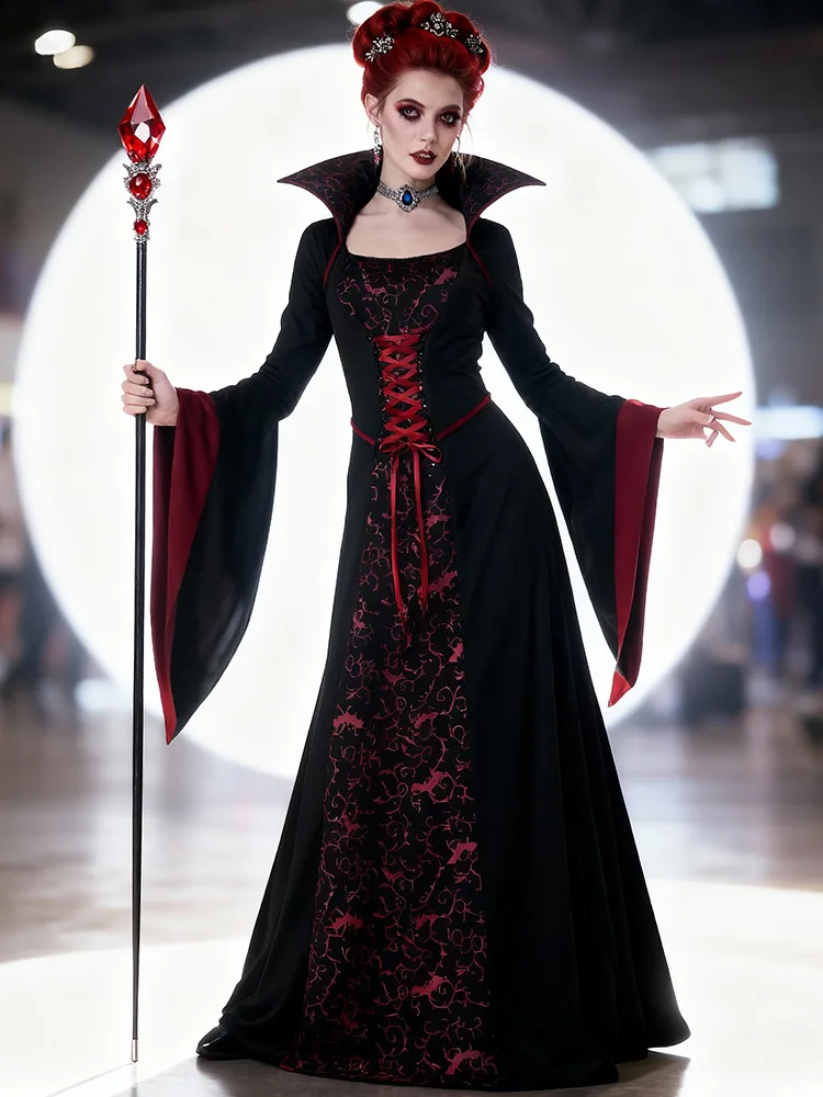 女性用 ゴシック ヴィクトリア朝風ドレス ヴァンパイア ハロウィンコスチューム コルセット パフスリーブ エレガント 魔女 ロールプレイ ステージパーティー エレガントな衣装