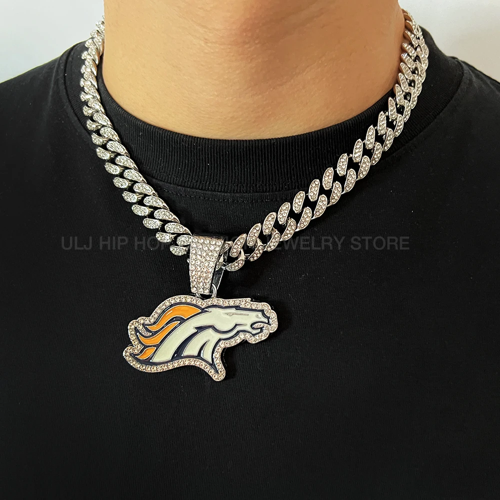 ULJ Denver Broncos Football Hip Hop Pendant Necklace  With Cuban Chain Iced out Bling Jewelry