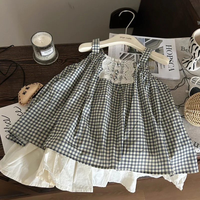 

Girls Skirts 2025 Summer New Childrens Wear Korean Style Girl Baby Lace Plaid Halter Splicing Sundress Casual Simple Daily