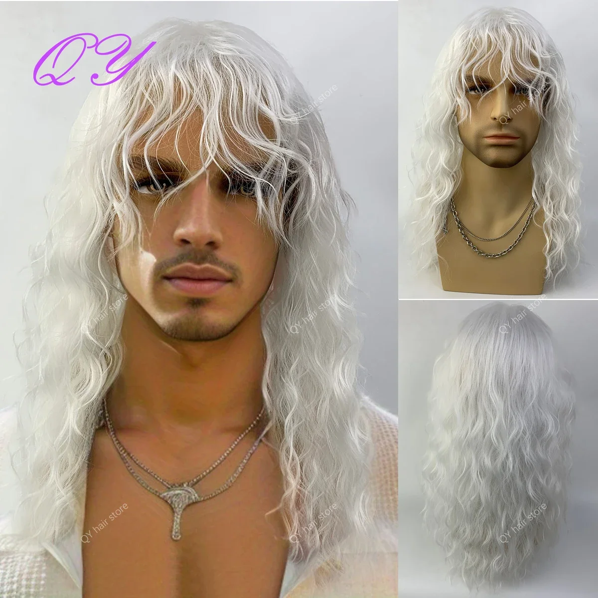 Peluca de pelo largo negro sintético para hombres, cabello Rock And Roll de buena calidad, rizado ondulado de agua Natural con flequillo, peluca