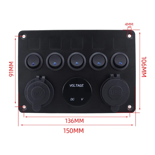 Imagen 2 del producto Azul/Verde/Rojo - Adecuado para automóviles, barcos, yates, vehículos recreativos, panel de interruptores con encendedor de cigarrillos USB, entrada de voltímetro 12V-24V, universal