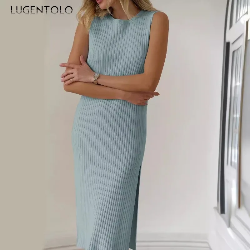 Dzianinowa sukienka damska Jesień Nowe koszule midi bez rękawów Pakiet biodra Pit Strips Slim Fits Fashion Slit Hem Elegancka odzież imprezowa