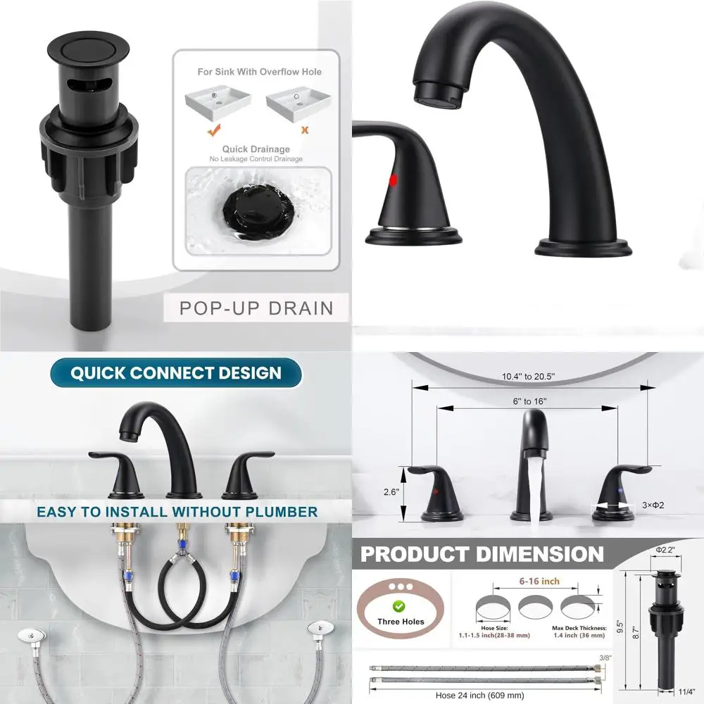 

Matte Black 3-Hole Bathroom Sink Faucet with Pop-Up Drain, RV/Vanity Camper Compatible, 304 Stainless Steel, Lead-Free