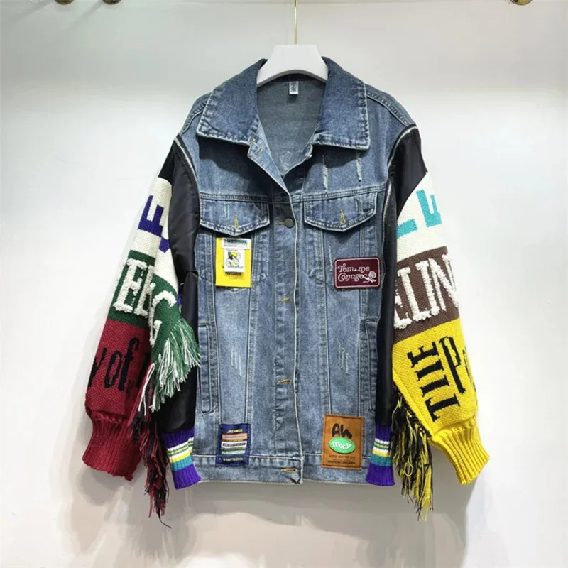 

Newest Casual Fashion Spring Fall Cardigan Long Sleeve Patchwork Knitted Coat Letter Print Casual Denim Jacket Women Tassel Chic