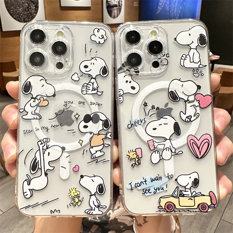 Cute Snoopy Cartoon With Magsafe Case For iPhone 16 15 14 13 12 11 Pro X Xs Max Hard Shell Magnetic Compatible Cover