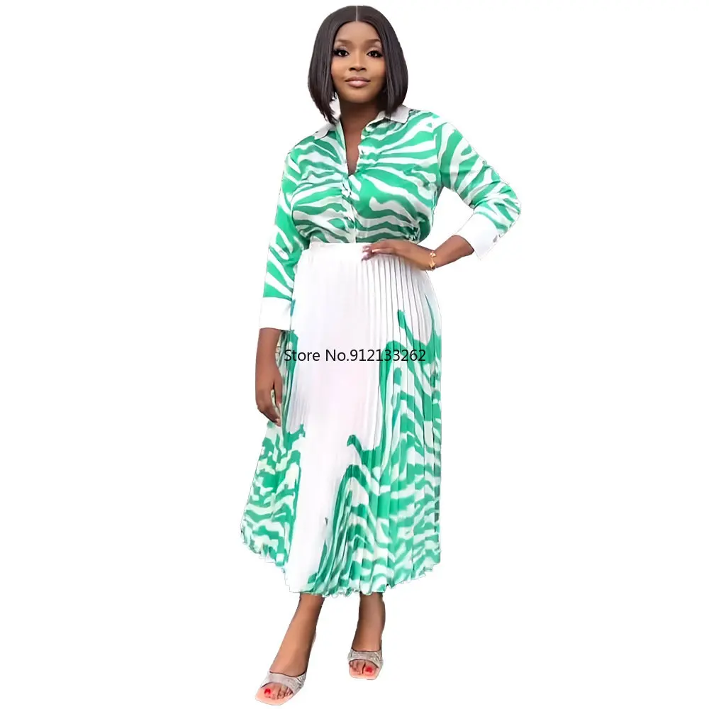 African Clothes for Women Summer Fashion African Women Long Sleeve Polyester Two Pieces Sets Top and Skirt African Sets