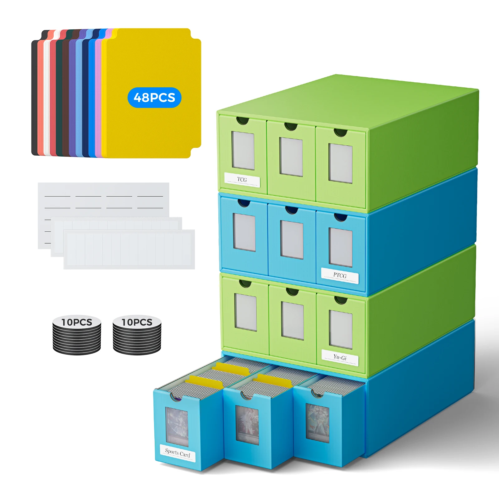Boîte de rangement pour cartes à collectionner, capacité 12000+, 48 séparateurs, étiquettes, tiroirs, organisateur pour cartes TCG, MTG, PTCG, cartes sportives, boîte de rangement pour cartes MTG