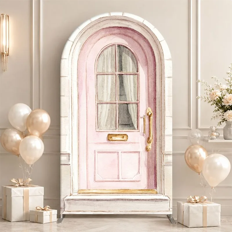 Single Side Arch Backdrop Cover Elegant Pink Arched Door Background for Wedding or Garden Party Decor with Floral Arrangements