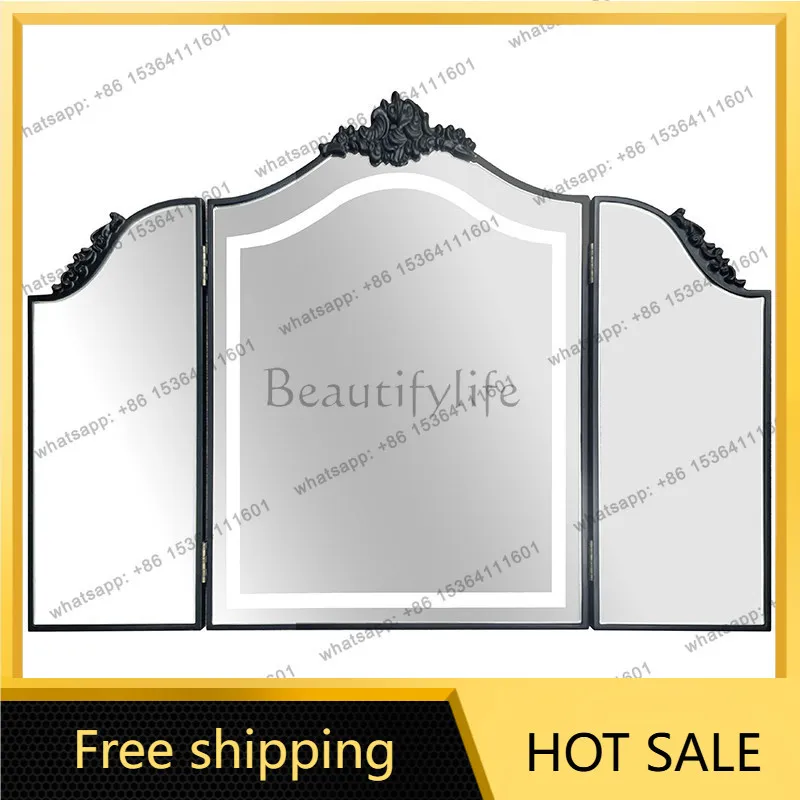 PG retro dresser French desktop tri-fold mirror bedroom European folding makeup mirror black can be customized