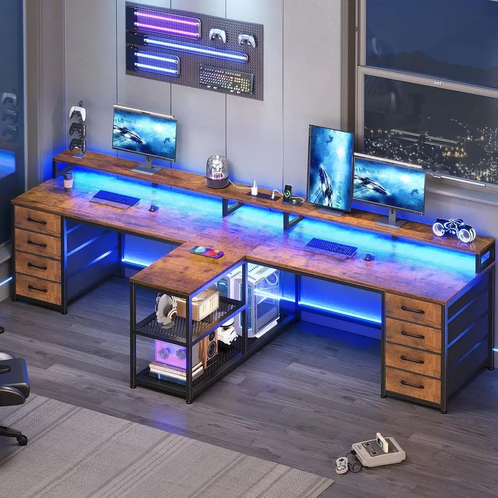 Double-Deck Gaming Desk with 8 Drawers, LED Lights, Storage, Power Strip & Monitor Stand, Rustic Brown
