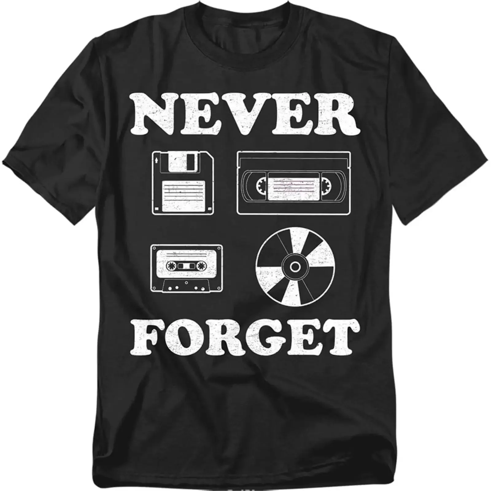 Popfunk Never Forget Cassette VHS CD T Shirt Funny Retro Technology Nostalgia for Men or Women Adult vintage Washed Stretched