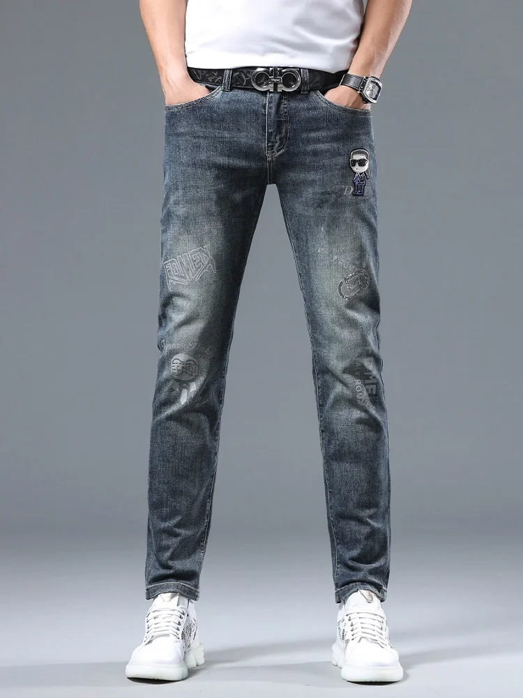 

Ele Embroidered Men's Jeans Spring 2024 Trendy Brand Printed Rhinestone Slim Fit Long Pants Cotton Elastic Casual Jeans