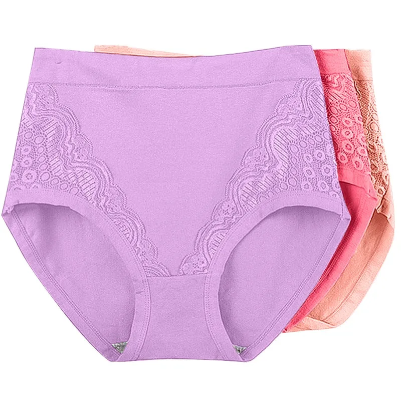 

3Pcs Pure Cotton Underwear Women Plus Size Comfortable Lace Shorts Briefs Breathable Solid Color Female Lingerie Panties 100kg