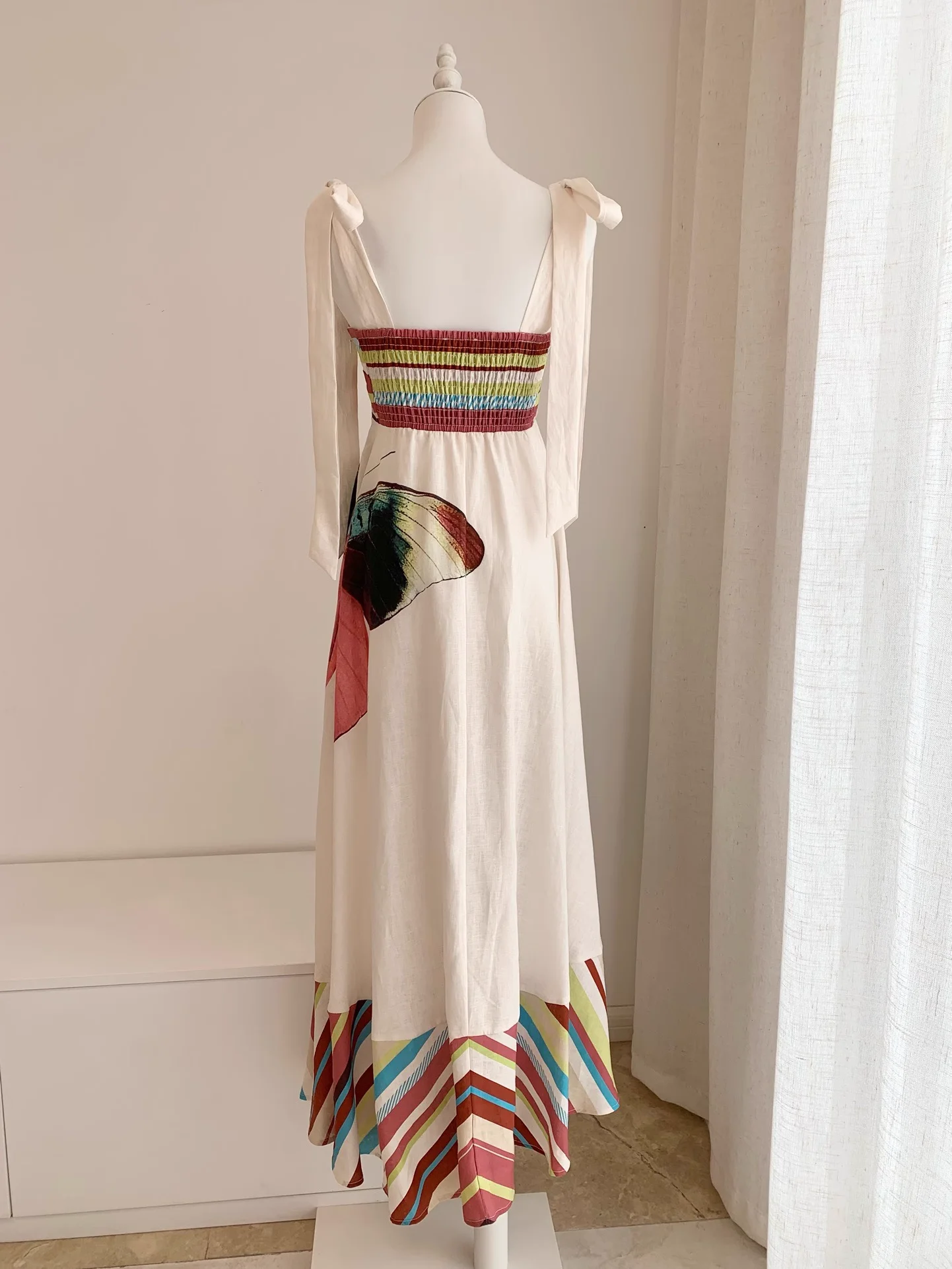 Long Dress for Women 2025 New Spring Summer 100% Linen Striped Shoulder Lace-up Sweet Sleeveless Robes