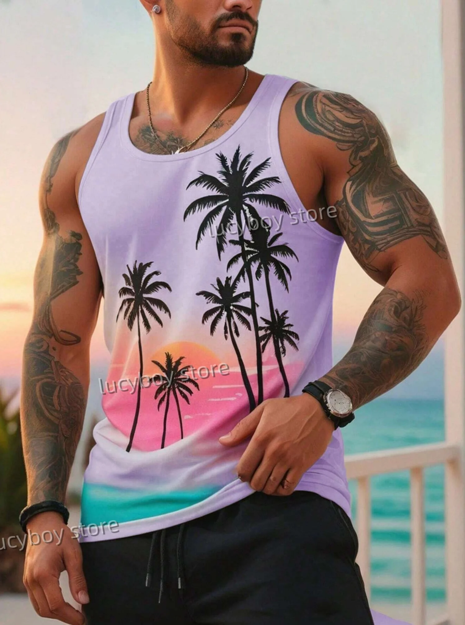 new in mens Hawaiian coconut tree Print vest Round Neck Casual Tank Top mens sport daily vest Boyfriend Style sport outdoor vest