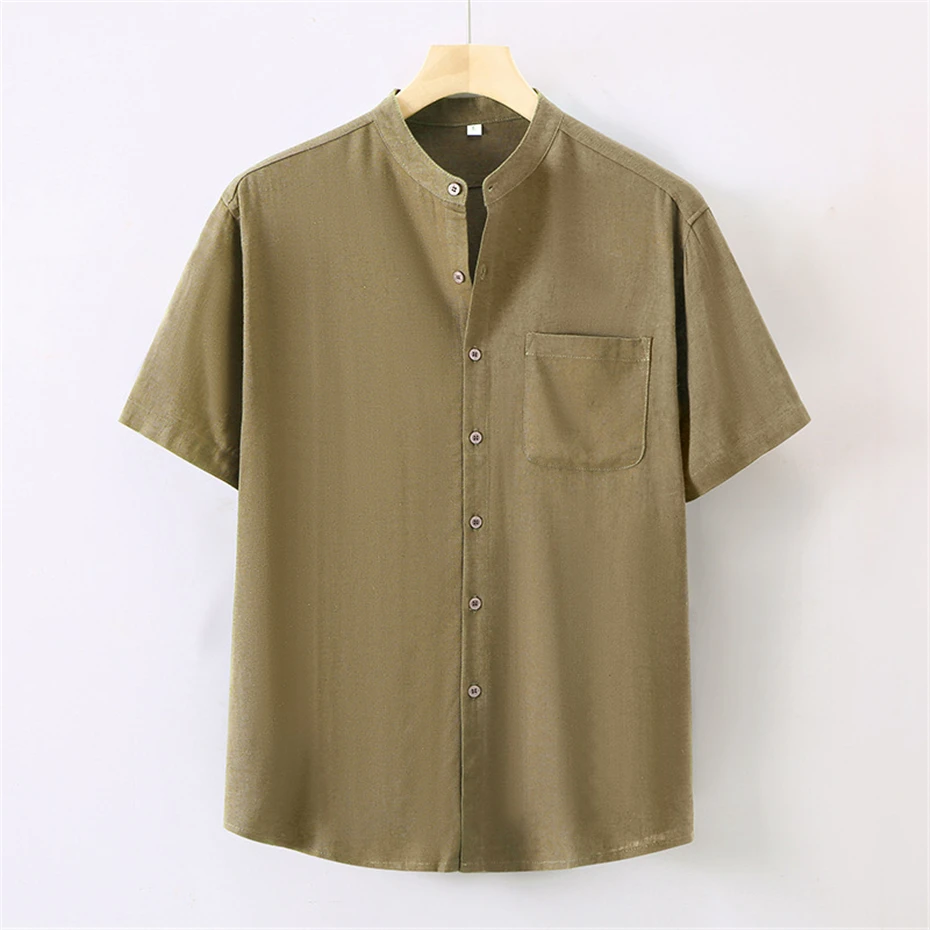 Men's Linen Shirt Summer Short Sleeve Shirts Fashion Casual Solid Color O-neck Shirt Male Plus Size 5XL Linen Tops