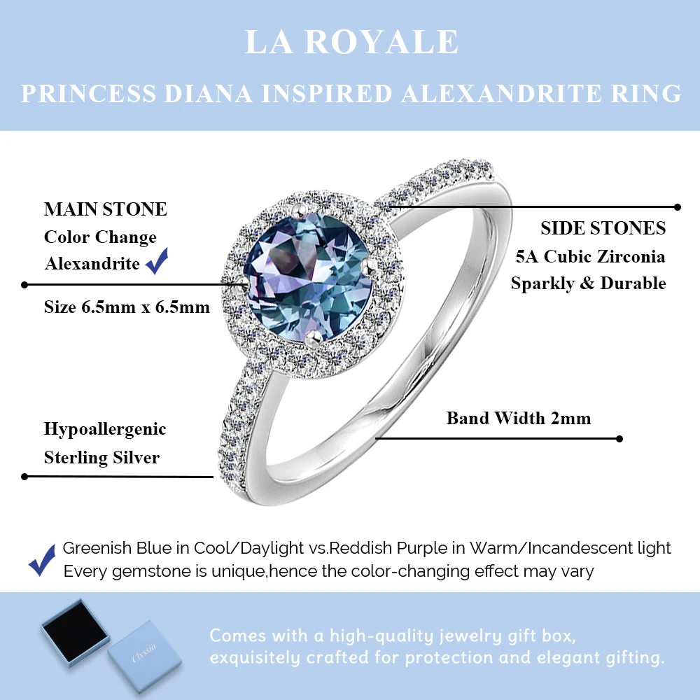 

925 Sterling Silver Color Change Gemstone Women Fashion Accessories Alexandrite Halo Engagement Ring Jewellery