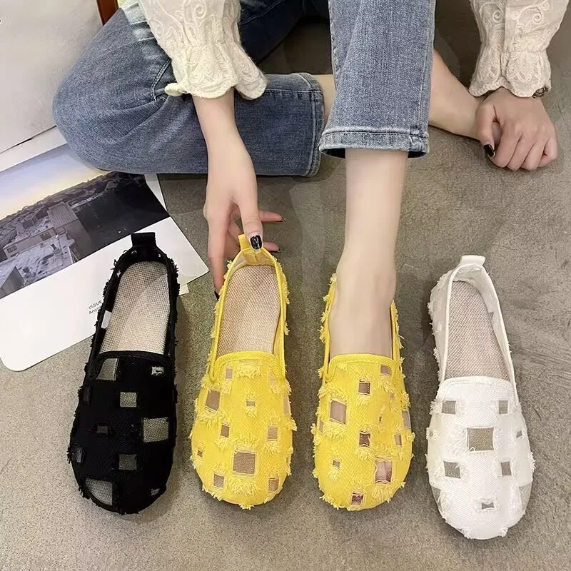 Women's Slip On Flat Shoes Summer Breathable Mesh Hollow Out Ripped Denim Frayed Edge Soft Sole Casual Comfortable Walking Shoes