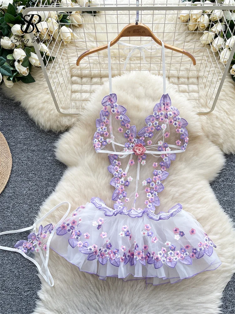

SINGREINY Chic Embroidery Sensual Dress 3D Flower Halter Backless Sheath Sheer Dress Women Summer Erotic Mesh Super Short Dress