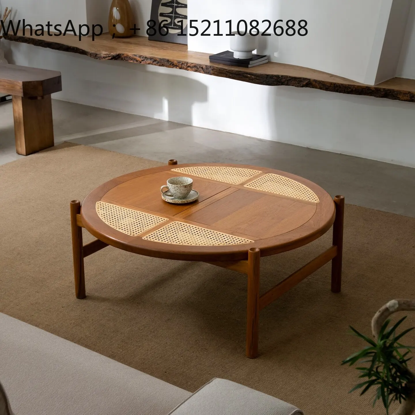 SCY vintage style teak solid wood round coffee table, vintage solid wood rattan tea table, coffee table, round table